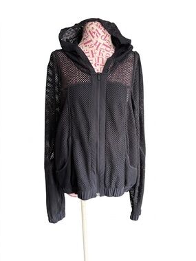 Lululemon Relaxed Fit Black Mesh Full Zip Breathable Hooded Jacket 10 W3EZOS
